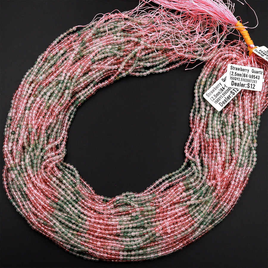 Natural Strawberry Quartz Faceted 2mm 4mm Round Beads Micro Laser Cut Pink Green Gemstone 16" Strand
