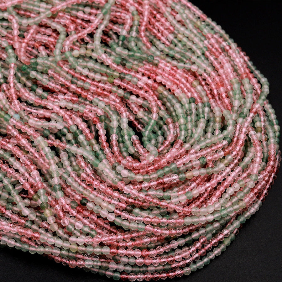 Natural Strawberry Quartz Faceted 2mm 4mm Round Beads Micro Laser Cut Pink Green Gemstone 16" Strand