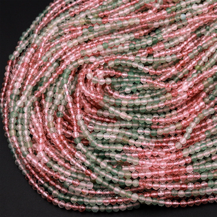 Natural Strawberry Quartz Faceted 2mm 4mm Round Beads Micro Laser Cut Pink Green Gemstone 16" Strand