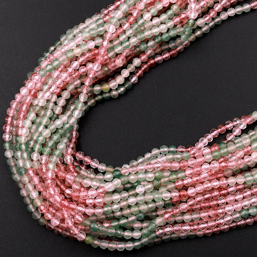 Natural Strawberry Quartz Faceted 2mm 4mm Round Beads Micro Laser Cut Pink Green Gemstone 16" Strand