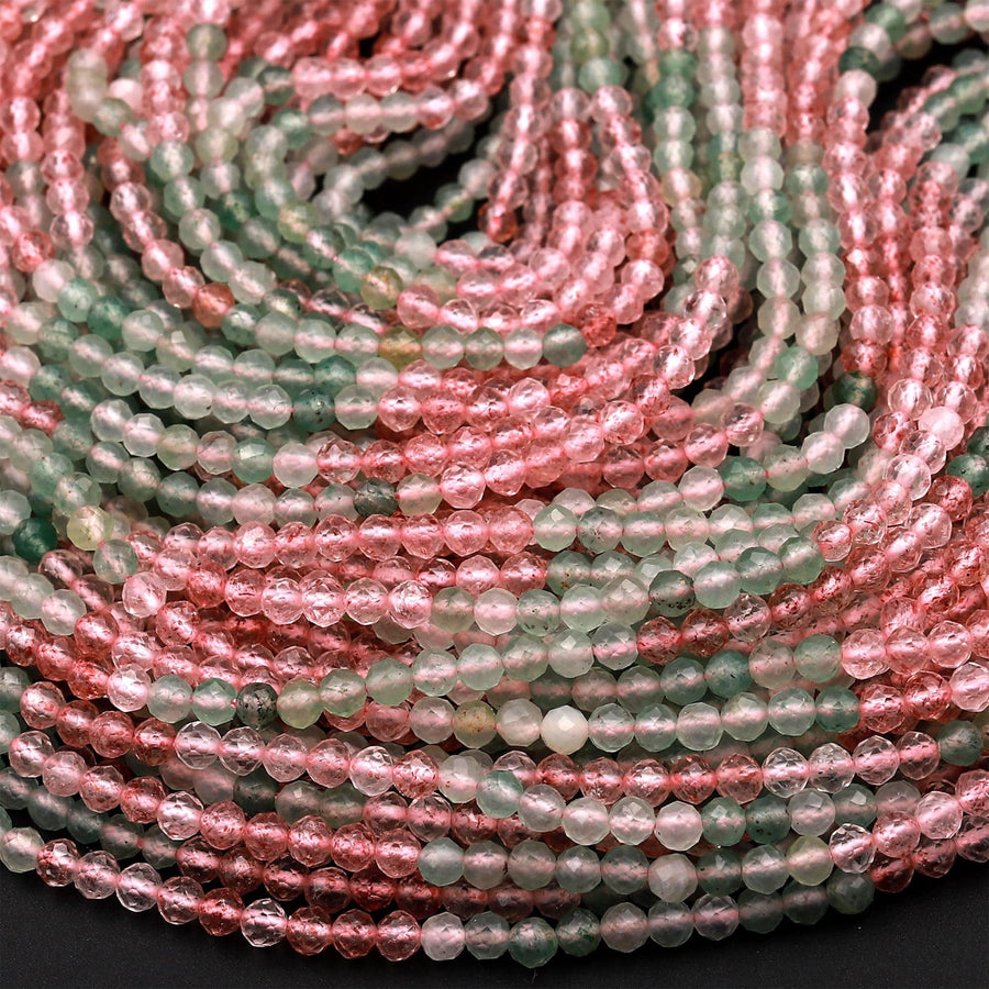 Natural Strawberry Quartz Faceted 2mm 4mm Round Beads Micro Laser Cut Pink Green Gemstone 16" Strand