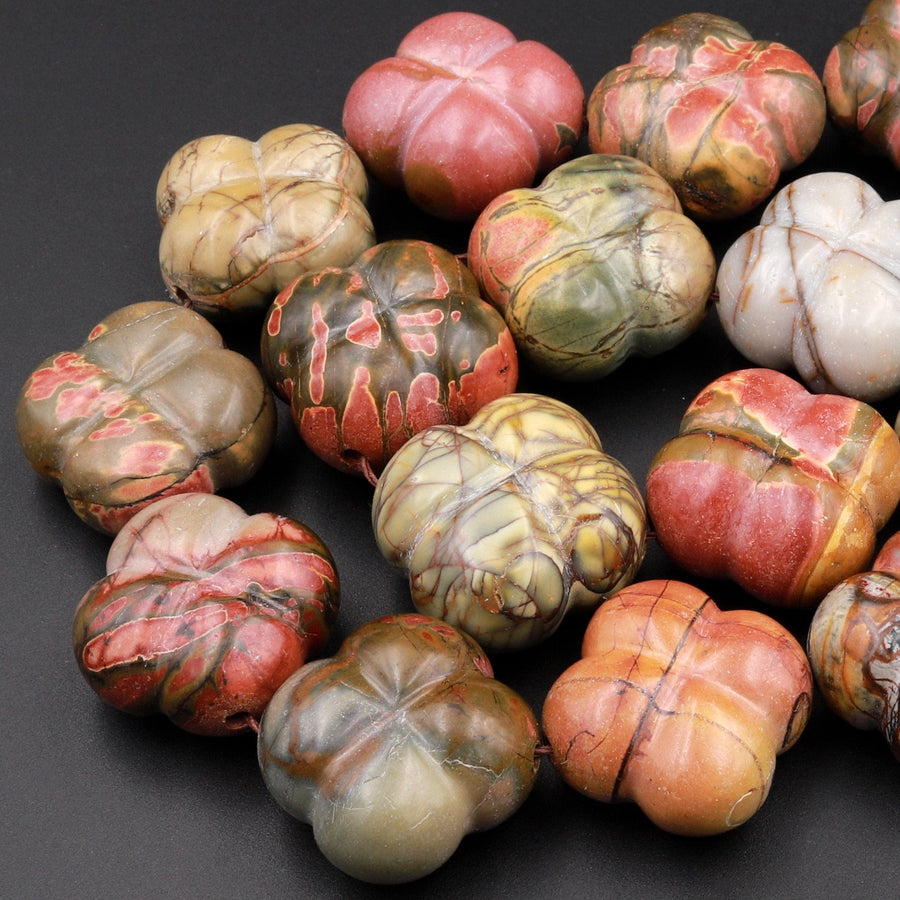 Carved Red Creek Jasper Flower Beads Earthy Red Green Yellow Brown Natural Cherry Creek Multi-color Picasso Jasper 15.5" Strand