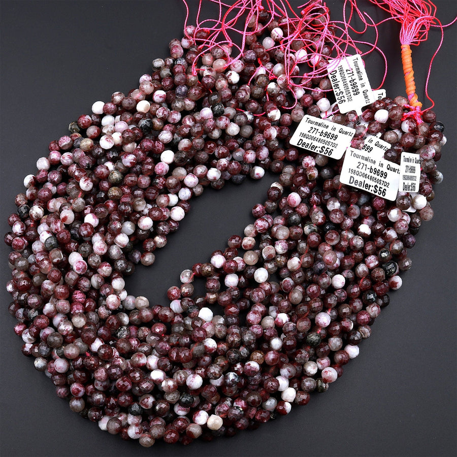 Natural Eudialyte Faceted 6mm Rounded Teardrop Beads Aka Pink Tourmaline in Quartz 16" Strand