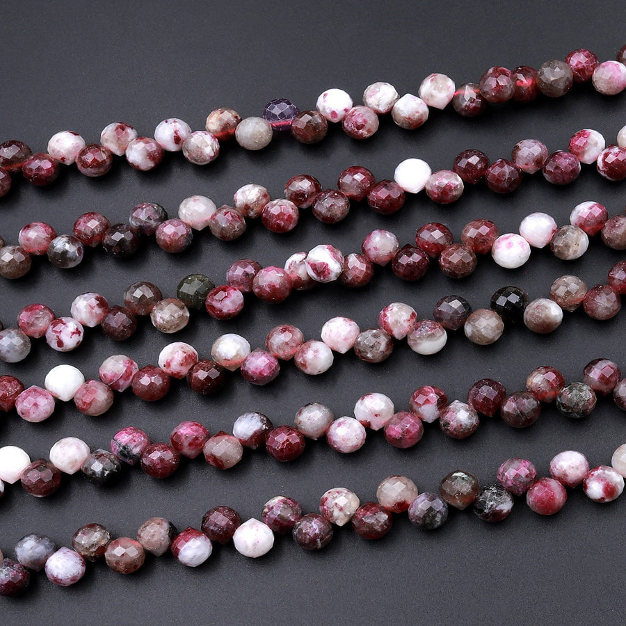 Natural Eudialyte Faceted 6mm Rounded Teardrop Beads Aka Pink Tourmaline in Quartz 16" Strand