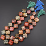 Carved Red Creek Jasper Flower Beads Earthy Red Green Yellow Brown Natural Cherry Creek Multi-color Picasso Jasper 15.5" Strand