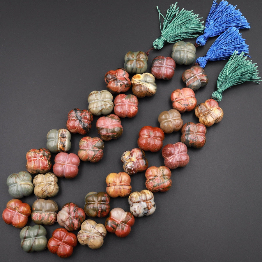 Carved Red Creek Jasper Flower Beads Earthy Red Green Yellow Brown Natural Cherry Creek Multi-color Picasso Jasper 15.5" Strand