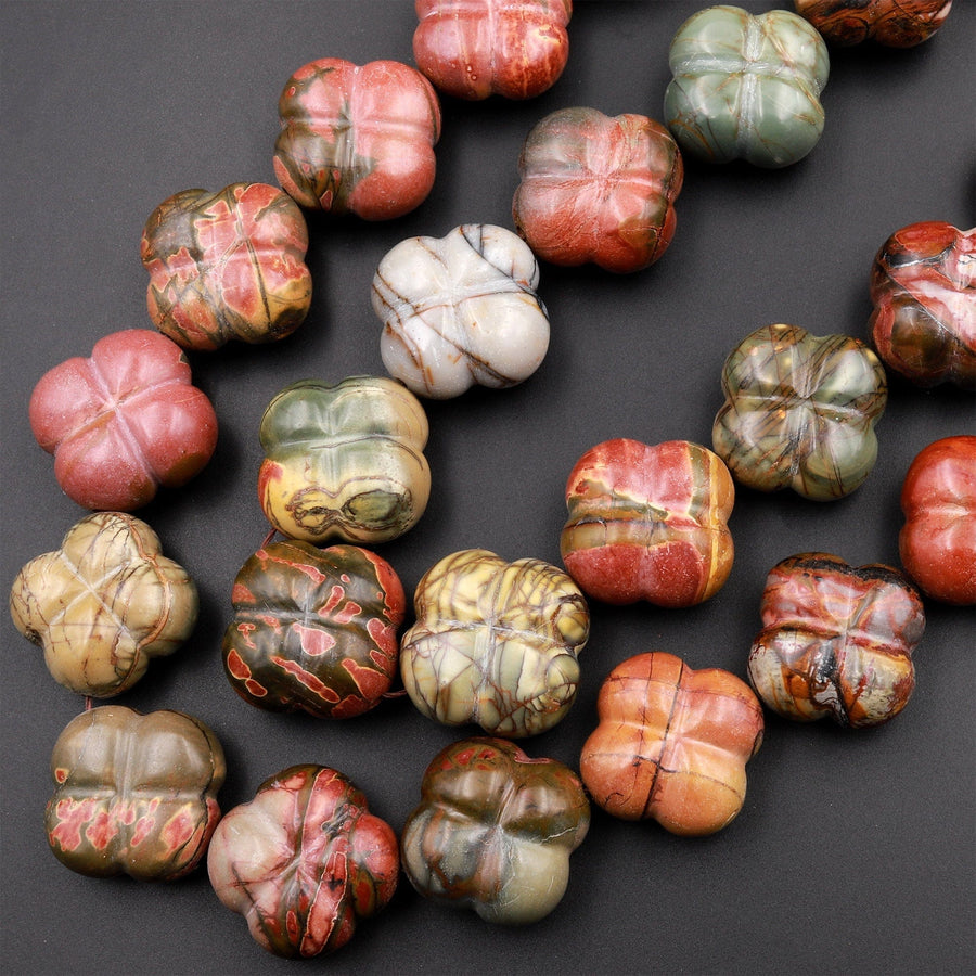 Carved Red Creek Jasper Flower Beads Earthy Red Green Yellow Brown Natural Cherry Creek Multi-color Picasso Jasper 15.5" Strand