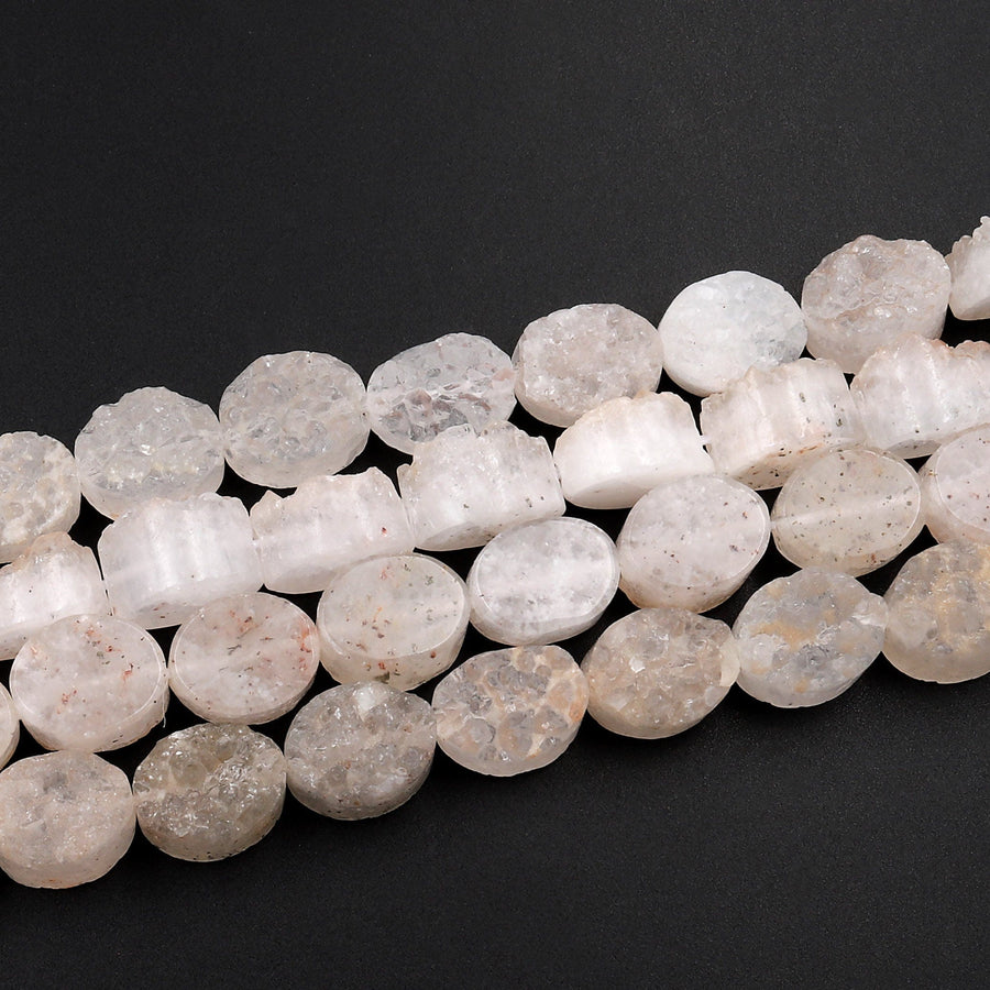 Natural Rock Crystal Quartz Druzy Raw Drusy Oval Beads 15.5" Strand