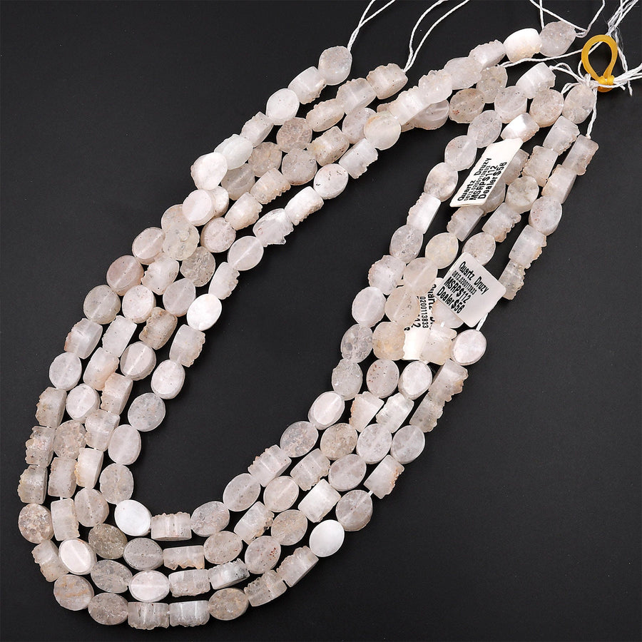 Natural Rock Crystal Quartz Druzy Raw Drusy Oval Beads 15.5" Strand
