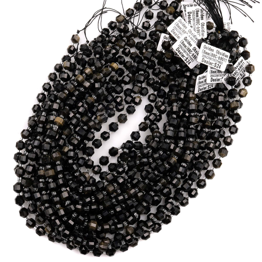 Natural Golden Obsidian 6mm 8mm Beads Rounded Faceted Energy Prism Double Terminated Points 15.5" Strand