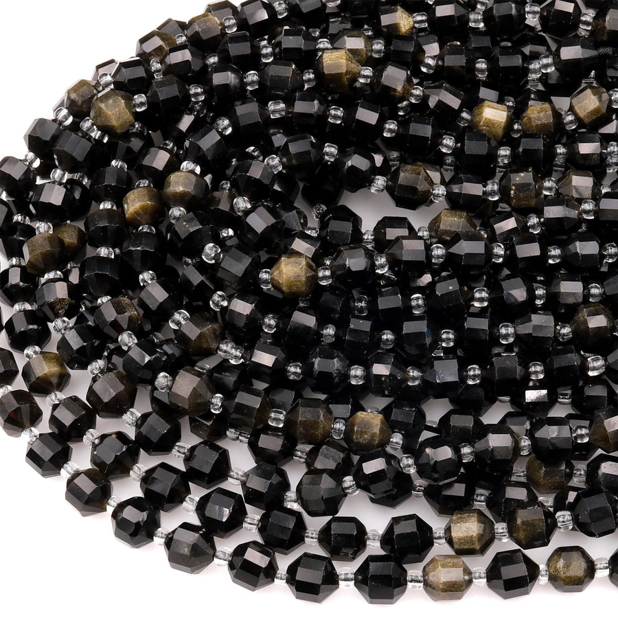 Natural Golden Obsidian 6mm 8mm Beads Rounded Faceted Energy Prism Double Terminated Points 15.5" Strand