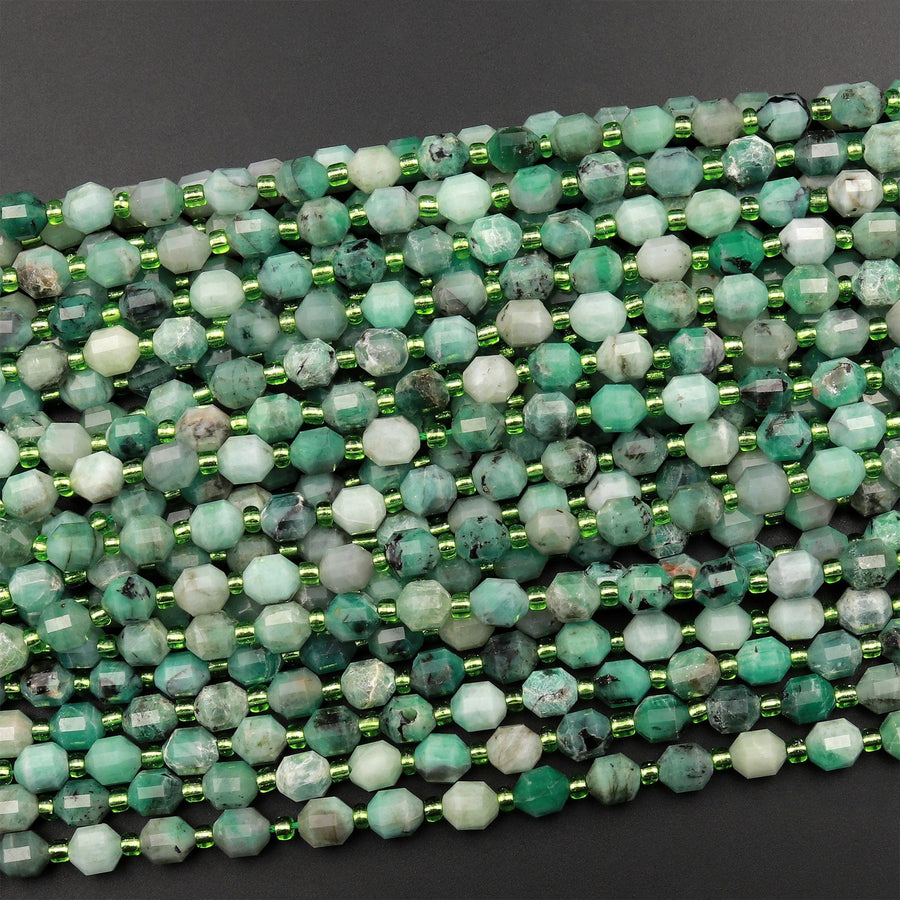 Real Genuine Natural Green Emerald 6mm Beads Faceted Energy Prism Double Terminated Point Cut 15.5" Strand