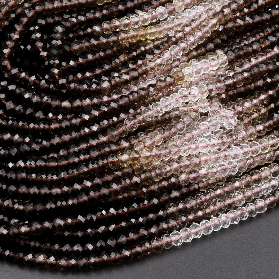 AAA Micro Faceted Multicolor Natural Smoky Quartz Rondelle Beads 4mm Laser Diamond Cut Gemstone 15.5" Strand