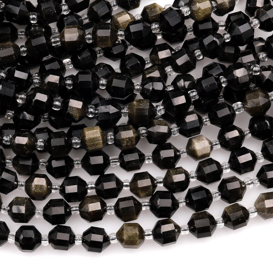 Natural Golden Obsidian 6mm 8mm Beads Rounded Faceted Energy Prism Double Terminated Points 15.5" Strand