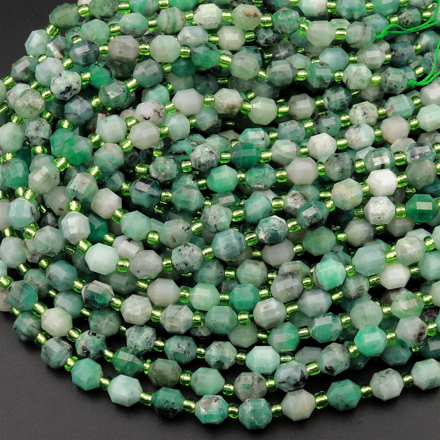 Real Genuine Natural Green Emerald 6mm Beads Faceted Energy Prism Double Terminated Point Cut 15.5" Strand