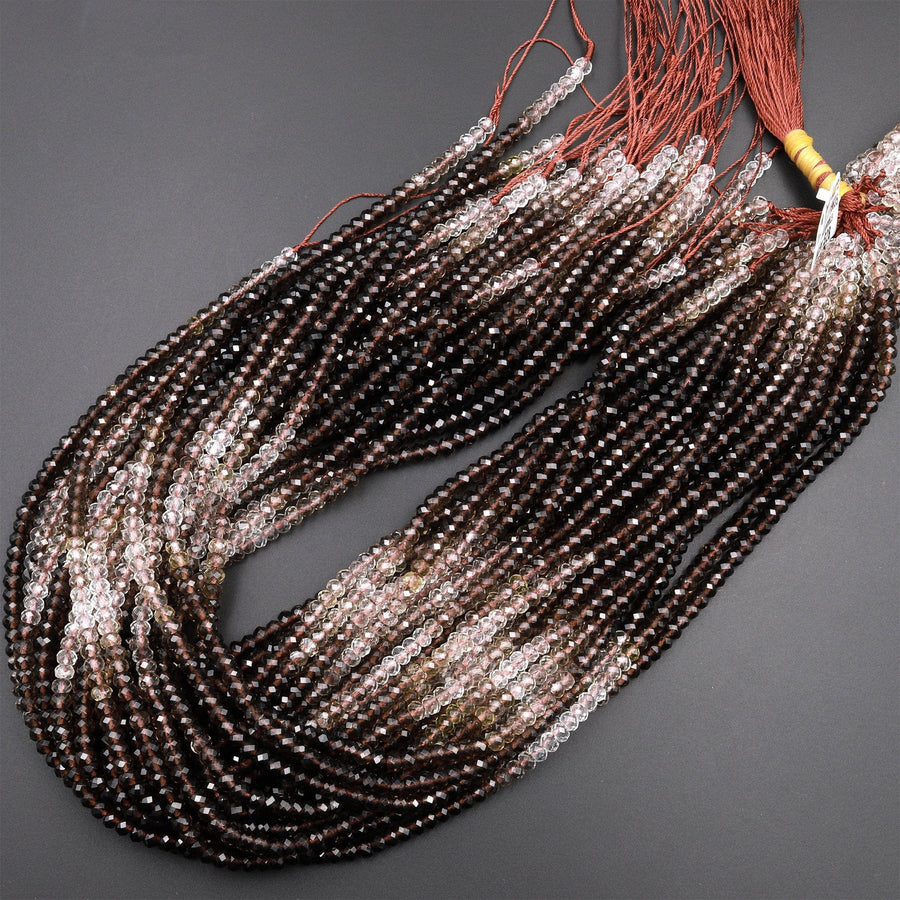 AAA Micro Faceted Multicolor Natural Smoky Quartz Rondelle Beads 4mm Laser Diamond Cut Gemstone 15.5" Strand