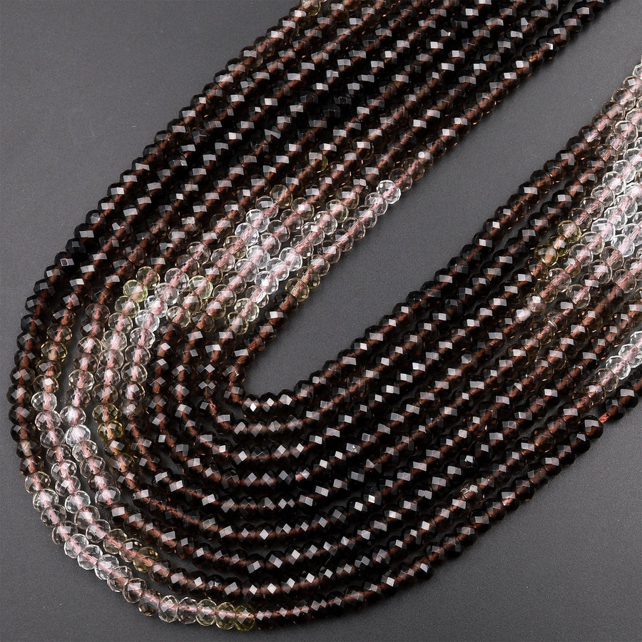AAA Micro Faceted Multicolor Natural Smoky Quartz Rondelle Beads 4mm Laser Diamond Cut Gemstone 15.5" Strand