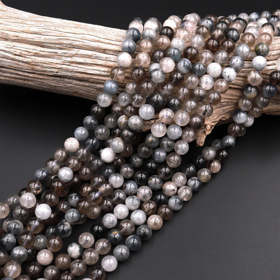 Rare Natural Blue Gray Rutilated Quartz 6mm 8mm 10mm Round Beads From Madagascar 15.5" Strand