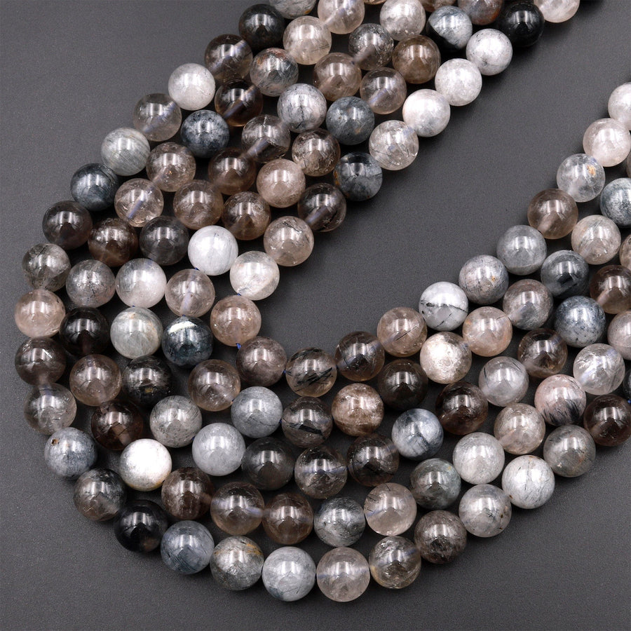 Rare Natural Blue Gray Rutilated Quartz 6mm 8mm 10mm Round Beads From Madagascar 15.5" Strand