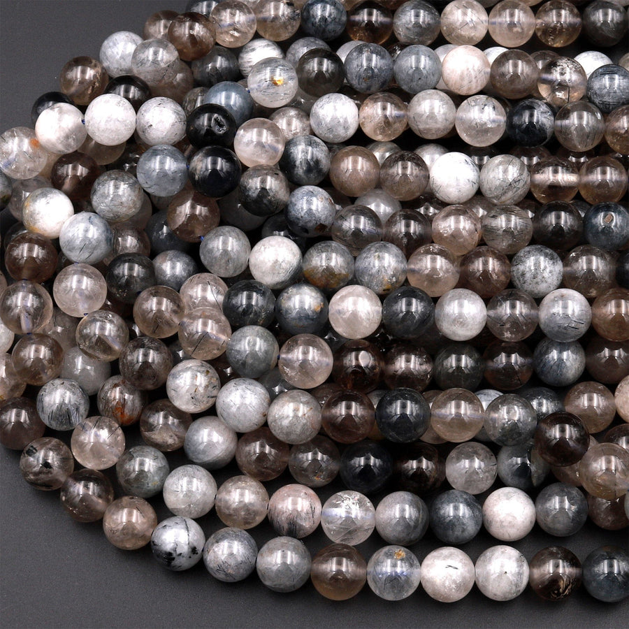 Rare Natural Blue Gray Rutilated Quartz 6mm 8mm 10mm Round Beads From Madagascar 15.5" Strand