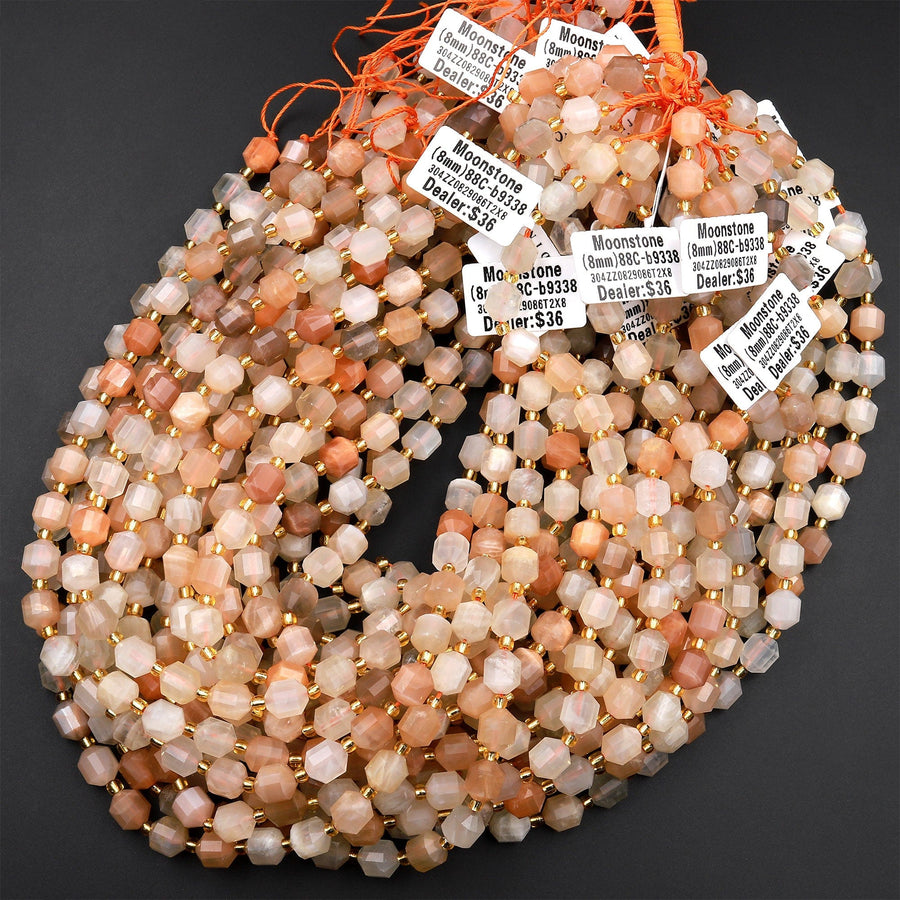 AAA Peach Moonstone 8mm Faceted Prism Round Beads 15.5" Strand