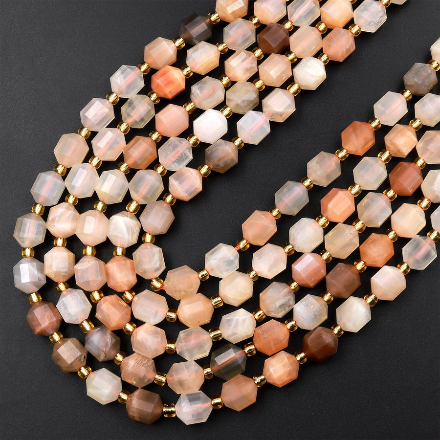 AAA Peach Moonstone 8mm Faceted Prism Round Beads 15.5" Strand