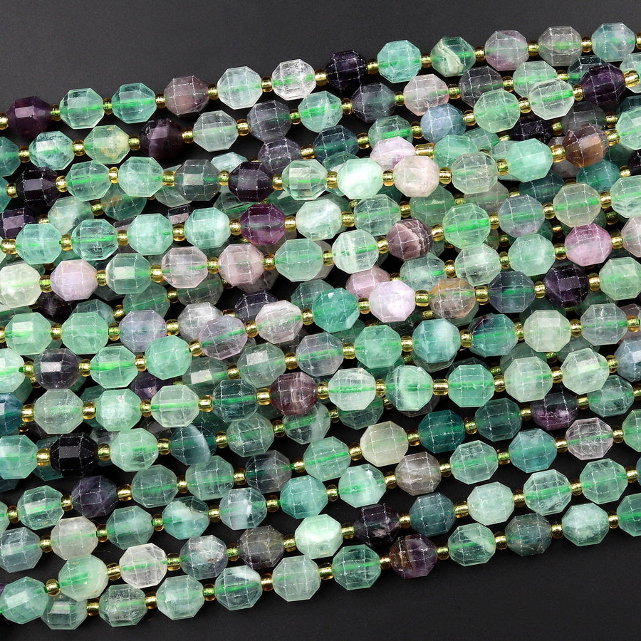 Faceted Natural Fluorite 8mm Beads Energy Prism Double Terminated Point Cut 15.5" Strand