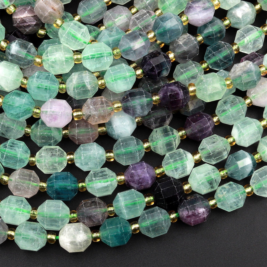 Faceted Natural Fluorite 8mm Beads Energy Prism Double Terminated Point Cut 15.5" Strand