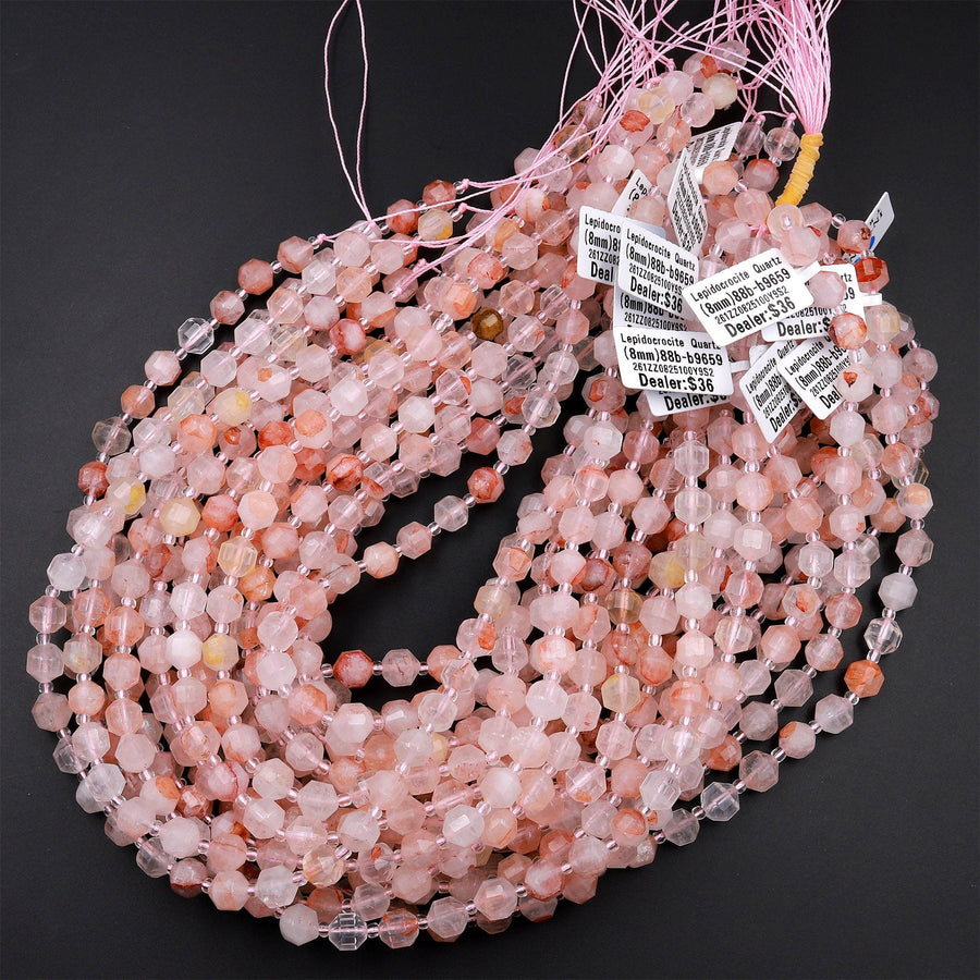 Faceted Natural Lepidocrocite Quartz 8mm Beads Energy Prism Double Terminated Point Cut 15.5" Strand