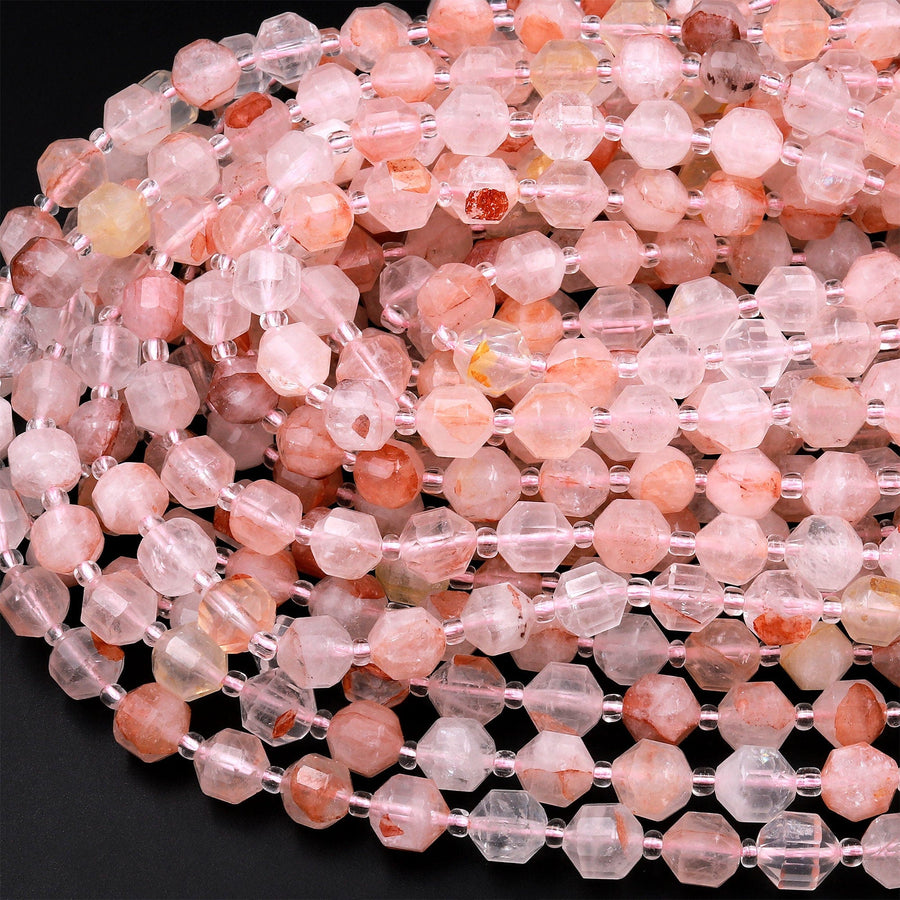 Faceted Natural Lepidocrocite Quartz 8mm Beads Energy Prism Double Terminated Point Cut 15.5" Strand