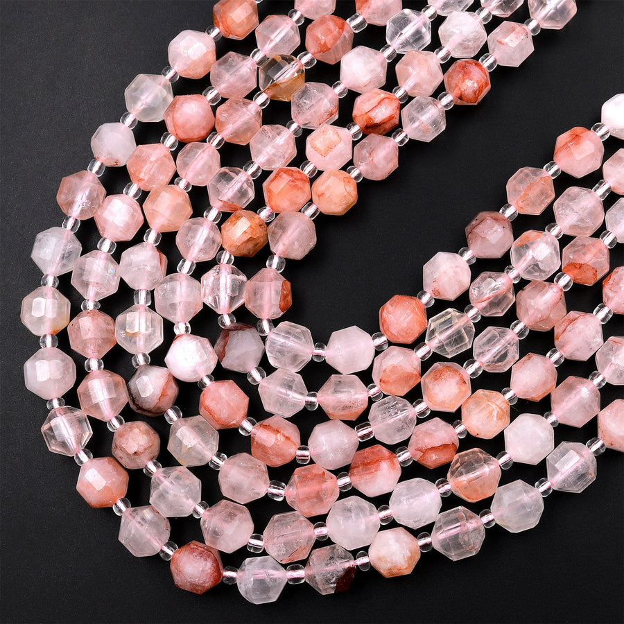 Faceted Natural Lepidocrocite Quartz 8mm Beads Energy Prism Double Terminated Point Cut 15.5" Strand
