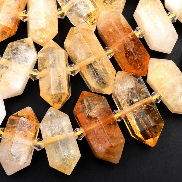 Natural Citrine Beads Faceted Double Terminated Points Healing Natural Quartz Crystal Focal Pendant 15.5&quot; Strand