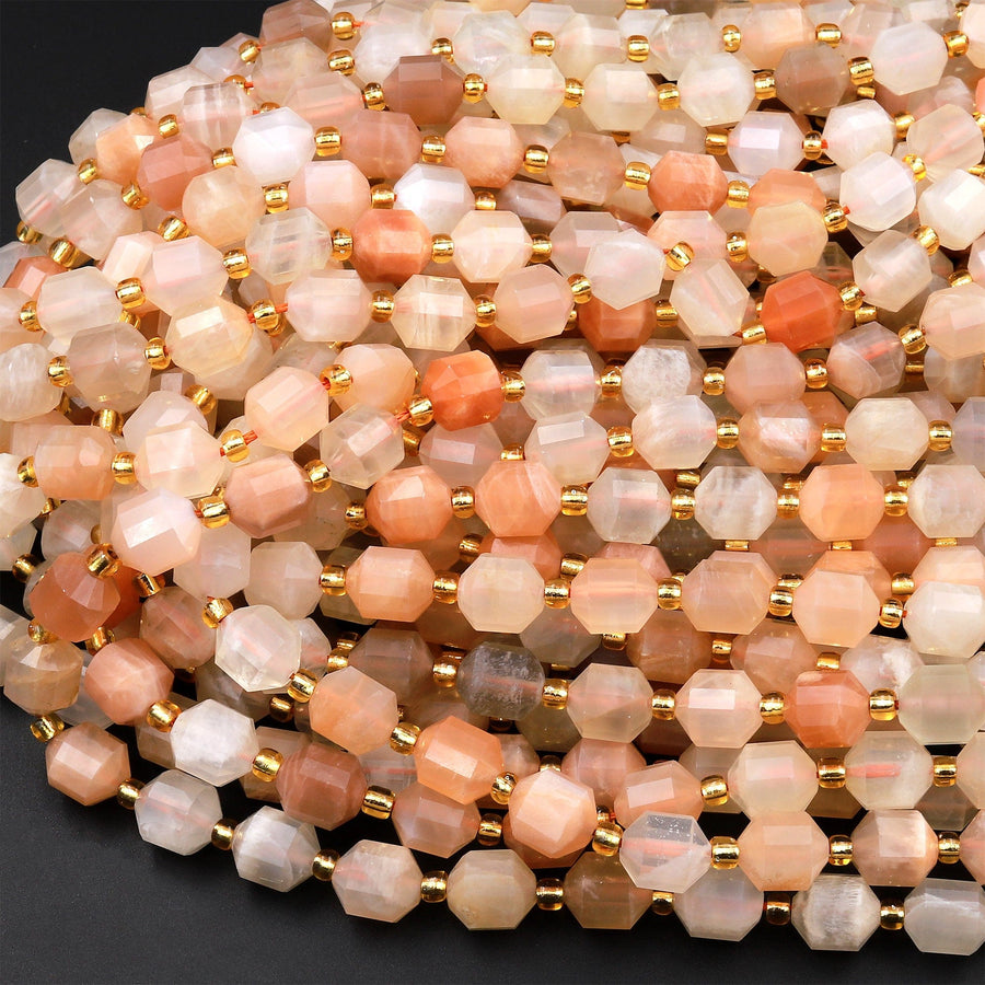 AAA Peach Moonstone 8mm Faceted Prism Round Beads 15.5" Strand