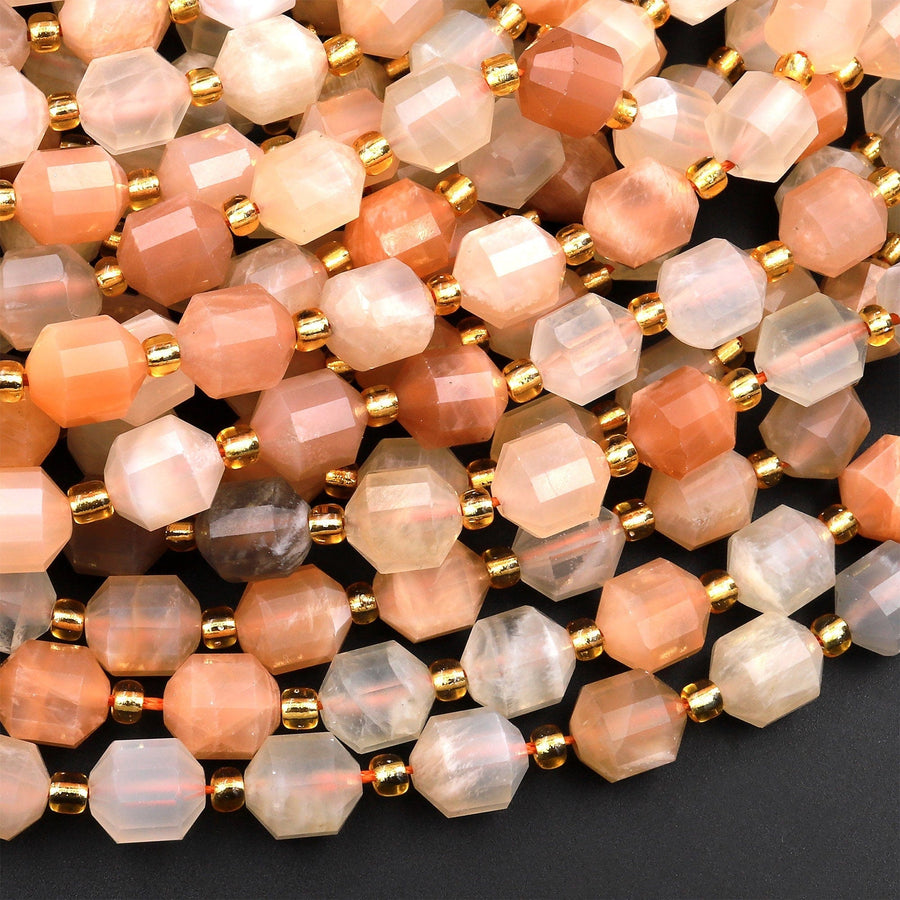 AAA Peach Moonstone 8mm Faceted Prism Round Beads 15.5" Strand