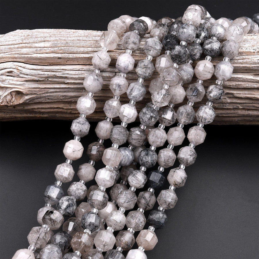 Black Tourmaline Rutilated Rutile Quartz 10mm Beads Faceted Energy Prism Double Terminated Points 15.5" Strand