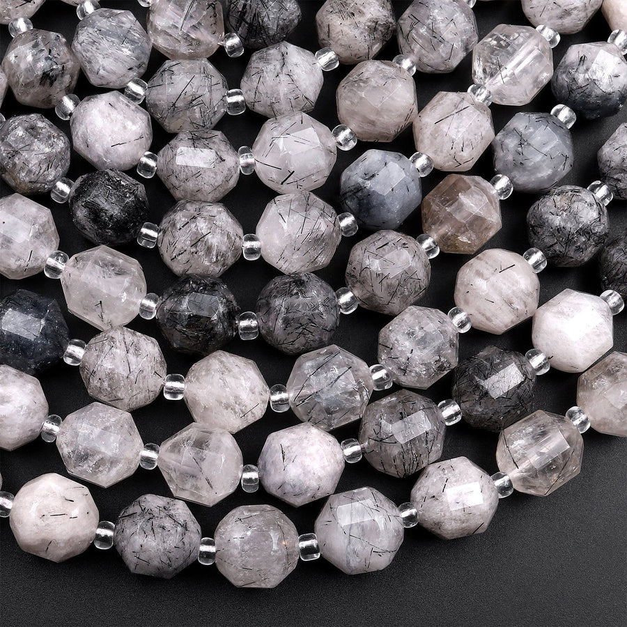 Black Tourmaline Rutilated Rutile Quartz 10mm Beads Faceted Energy Prism Double Terminated Points 15.5" Strand