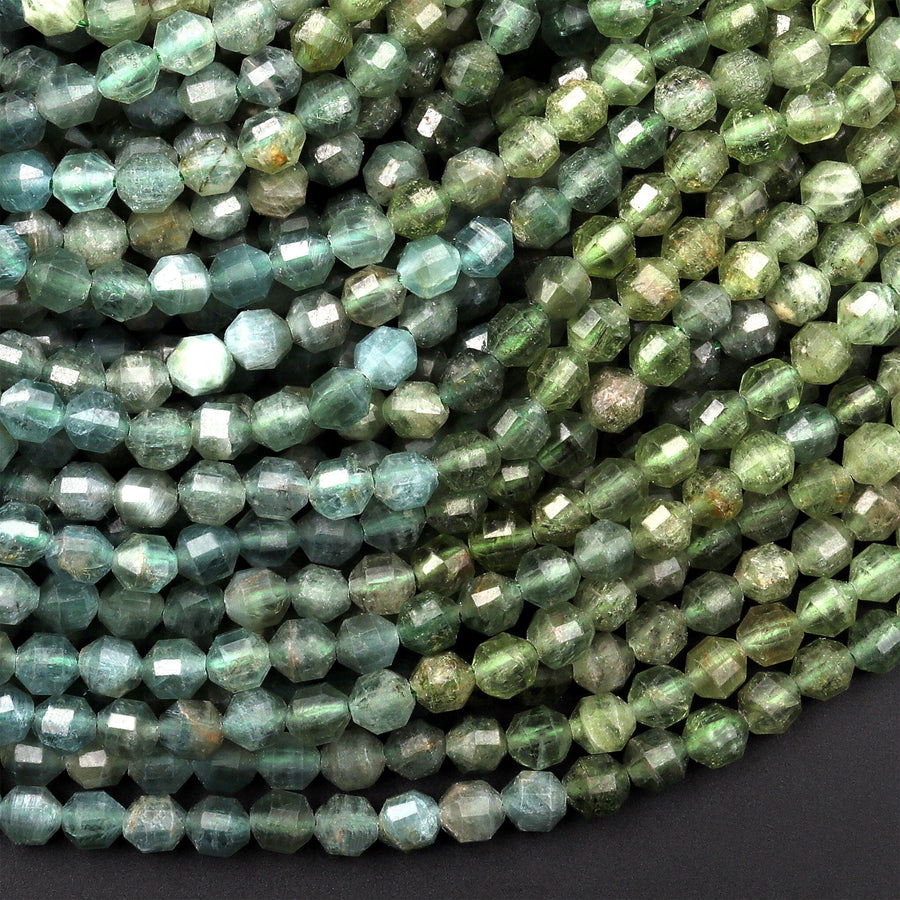 Rare Natural Green Apatite 4mm Beads Faceted Energy Prism Double Terminated Points 15.5" Strand