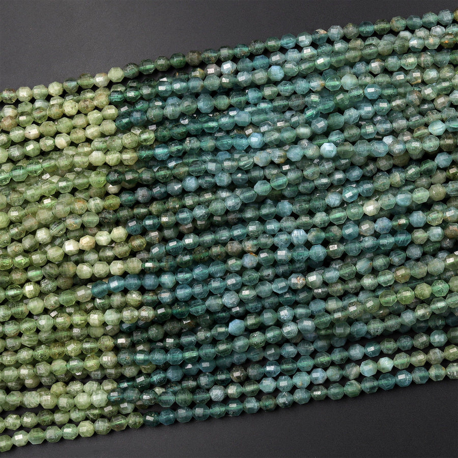 Rare Natural Green Apatite 4mm Beads Faceted Energy Prism Double Terminated Points 15.5" Strand