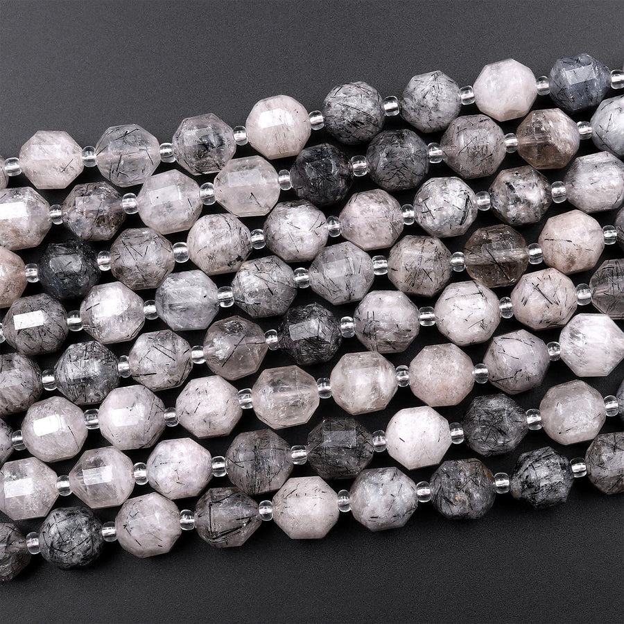 Black Tourmaline Rutilated Rutile Quartz 10mm Beads Faceted Energy Prism Double Terminated Points 15.5" Strand