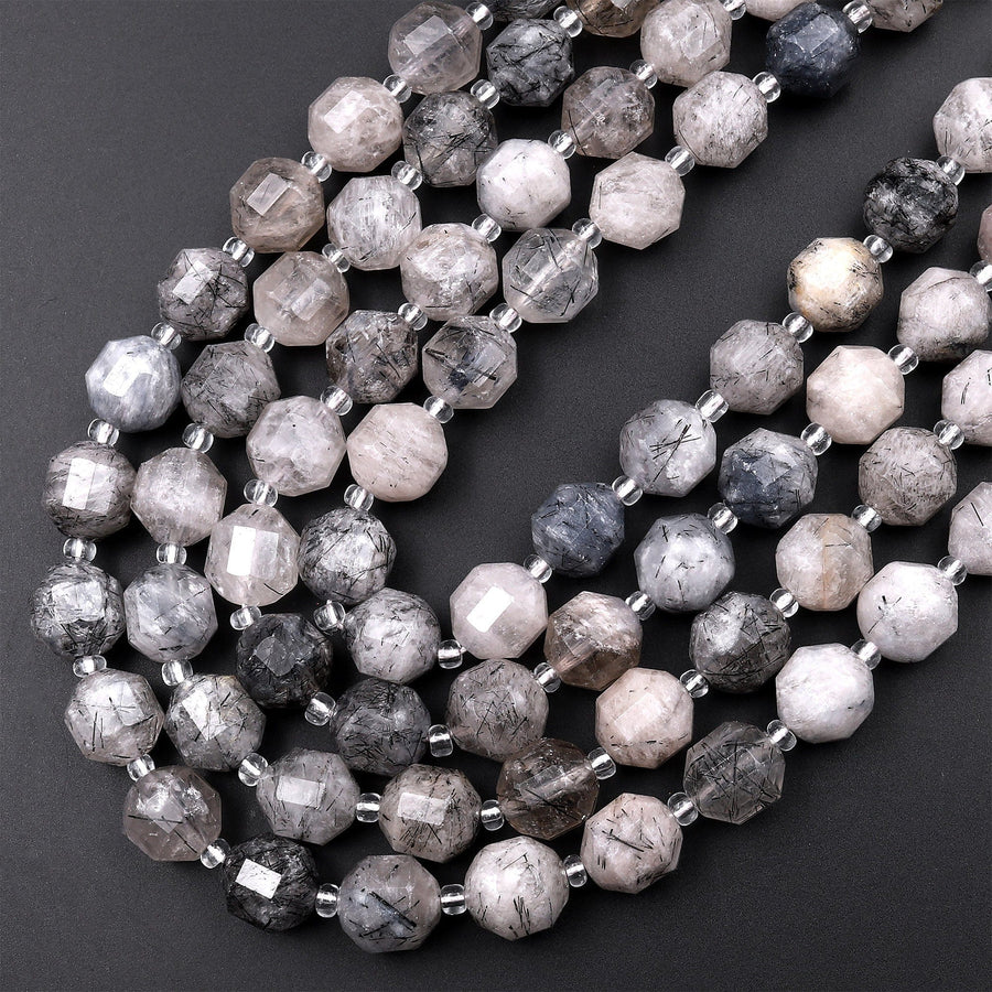 Black Tourmaline Rutilated Rutile Quartz 10mm Beads Faceted Energy Prism Double Terminated Points 15.5" Strand