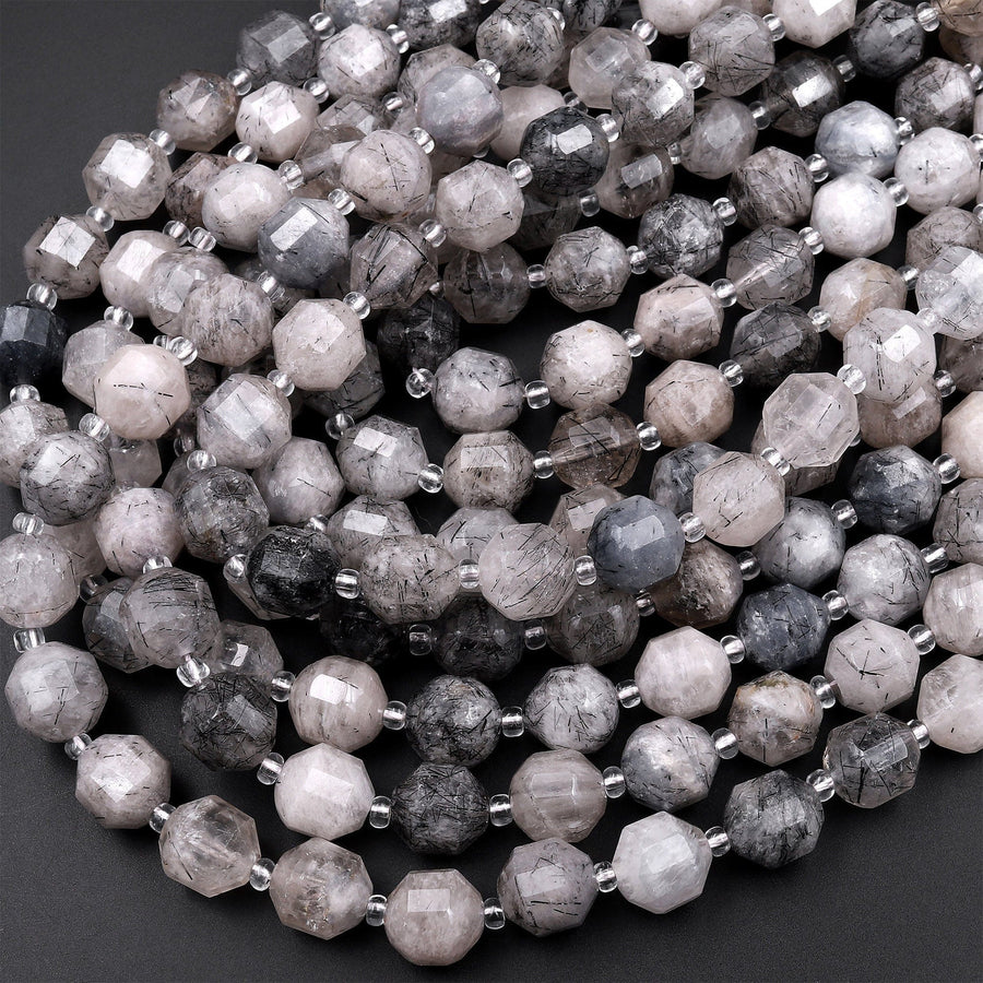 Black Tourmaline Rutilated Rutile Quartz 10mm Beads Faceted Energy Prism Double Terminated Points 15.5" Strand