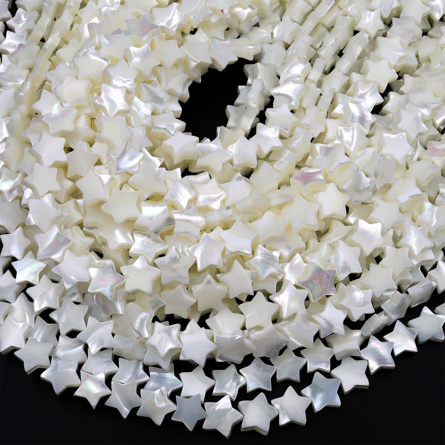 AAA Iridescent Hand Carved Natural White Mother of Pearl Shell Beads Star Shape 15.5" Strand