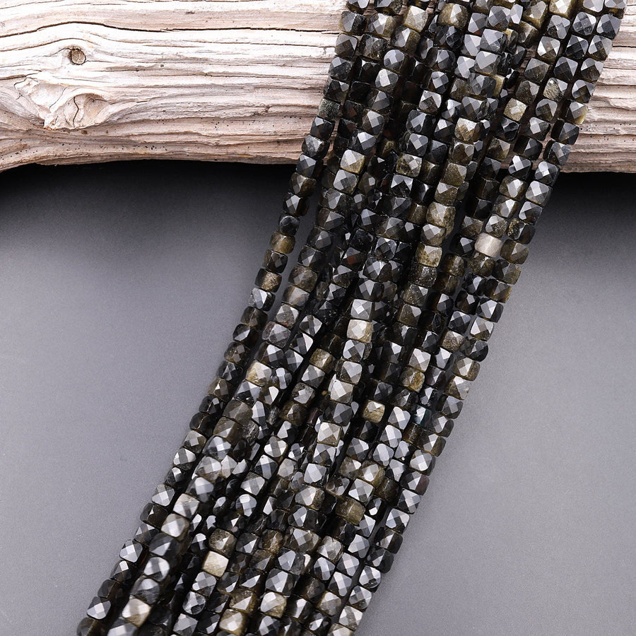 Natural Golden Obsidian Faceted 4mm 6mm Cube Dice Square Beads Micro Faceted Laser Diamond Cut 15.5" Strand