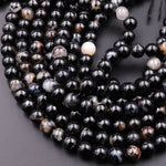 Natural Black Tourmaline Beads 4mm 6mm 8mm 10mm 12mm Round With Quartz Mica Calcite Red Iron Matrix 15.5" Strand