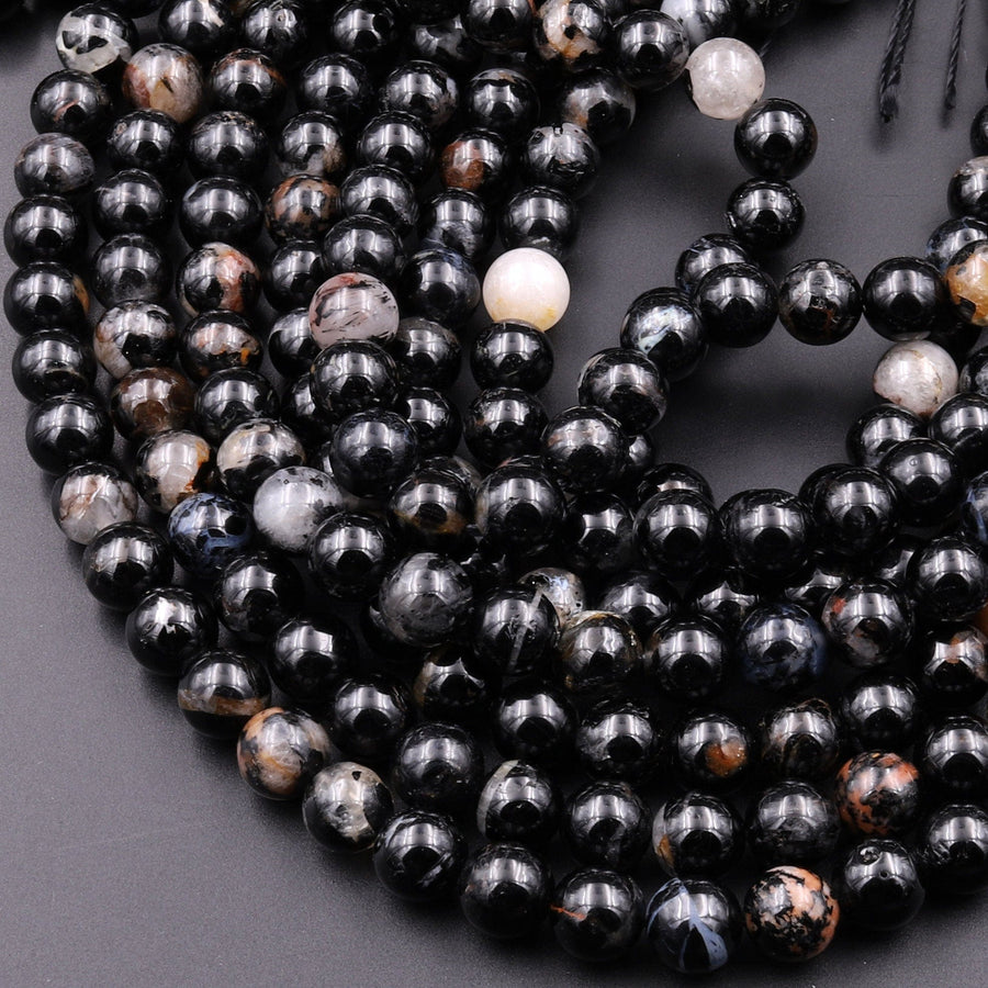 Natural Black Tourmaline Beads 4mm 6mm 8mm 10mm 12mm Round With Quartz Mica Calcite Red Iron Matrix 15.5" Strand