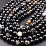 Natural Black Tourmaline Beads 4mm 6mm 8mm 10mm 12mm Round With Quartz Mica Calcite Red Iron Matrix 15.5" Strand
