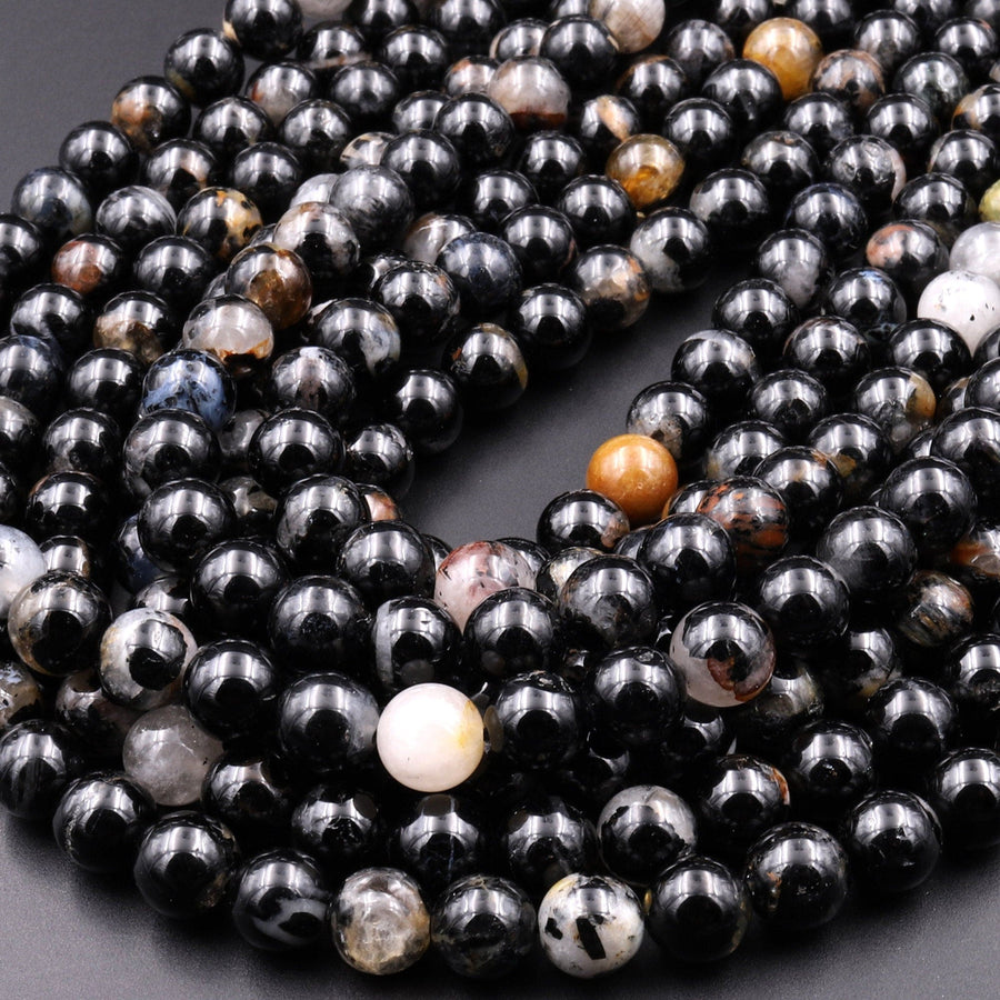 Natural Black Tourmaline Beads 4mm 6mm 8mm 10mm 12mm Round With Quartz Mica Calcite Red Iron Matrix 15.5" Strand