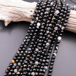 Natural Black Tourmaline Beads 4mm 6mm 8mm 10mm 12mm Round With Quartz Mica Calcite Red Iron Matrix 15.5" Strand