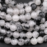 Large Hole Beads 2mm Drill Natural Black Tourmaline Rutilated Quartz 8mm 10mm Round Beads 8" Strand