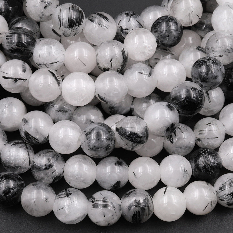 Large Hole Beads 2mm Drill Natural Black Tourmaline Rutilated Quartz 8mm 10mm Round Beads 8" Strand